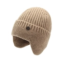 Winter camel knitted trapper hat with fleece lining and ribbed pattern for ear protection - One Size / Deep Beige