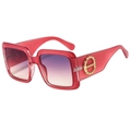 Fashionable red square frame sunglasses with purple gradient lenses and gold temple accents - Pink Red Frame Grey Pink Lens