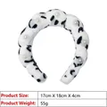Detail shot of plush black and white cow print headband with pearl accents and dimensions - Pearl Flannel Headband / Grey White Leopard