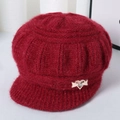 Thick burgundy winter knit newsboy hat for elderly women with heart metal buckle - Burgundy