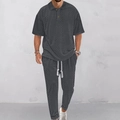 Men's casual dark grey polo set with textured diamond knit pattern and drawstring pants - S / Gray
