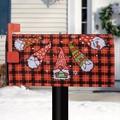 Close-up of Christmas mailbox cover with gnome characters and red buffalo plaid pattern - Christmas Gnomes (Style E)