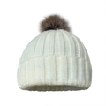 Macro detail of white knit beanie texture and fluffy brown faux fur pom pom - One Size / White
