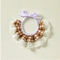 Brown plaid dog bandana with elegant white lace trim and purple bowtie ribbon - Earth Yellow Plaid