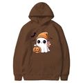 Brown Halloween hoodie with cute ghost and pumpkin prints for autumn casual wear - Coffee