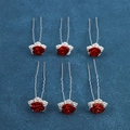 Detail of red rose bridal hair pins with sparkling rhinestones and U-shaped alloy base - 3D Rose Rhinestone Style (FZ-001) / 6Pcs/Set / Red