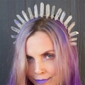 Macro shot of natural clear crystal crown headband worn on hair for bridal style - White + Silver Wire Silver Headband