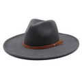 Detailed view of dark grey wool fedora hat featuring a slim brown leather band and stud - M (56-58cm) / Dark Gray