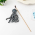 Interactive cat wand toy featuring a grey plush octopus character with a natural wooden stick - Octopus / Gray