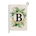 Garden flag with letter B and floral wreath on a black metal pole for outdoor decor - Letter B