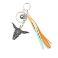 Bohemian silver bull head keychain with turquoise and orange suede tassels - Yellow Light Blue