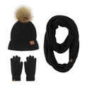Schwarzes Strickset für den Winter mit Bommelmütze, Schal und passenden Handschuhen - Schwarz