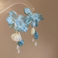 Detail of blue fabric flower earrings with white pearls and elegant gold tassels - Blue Fabric Flower Pearl Chain / 63# Silver Post-Blue-Flower