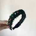 Dark green velvet headband with rhinestones and faux pearls in vintage twisted design - Rhinestone Green