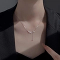 Elegant silver layered necklace featuring a sparkling leaf pendant and a delicate metal bead drop - Wheat Ear Necklace