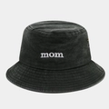 Close-up of MOM embroidery and metal eyelets on washed cotton dark grey bucket hat - M (56-58cm) / Army Green