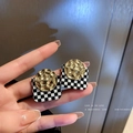 Boucles d'oreilles damier géométriques avec texture martelée dorée et design carré - 42# Tige en Argent-Motif Damier