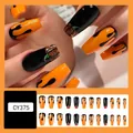 Halloween pumpkin press-on nails set with black drip design and long coffin shape - CY375 Liquid Drip Pumpkin [Glue Version]