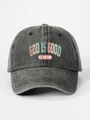 Detalle del texto GOD IS GOOD ALL THE TIME impreso en la gorra de béisbol de color gris oscuro - Negro