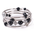 Multi-layer wrap bracelet featuring natural black stones and silver-tone patterned charms - Black Obsidian