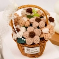 Handmade crochet flower basket with brown and beige knitted blossoms and pearl chain - 9 Coffee Puff Flowers Basket
