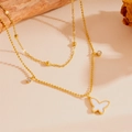 Double-layered golden stainless steel butterfly necklace with crystals on white leather - Gold Necklace
