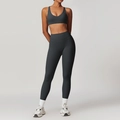 Completo yoga grigio antracite da donna con top a vogatore e leggings elasticizzati - Taglia S / Top E Pantaloni / Reggiseno sportivo + Leggings / Grigio Blu Profondo
