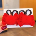 Pair of red plush bow hair clips with faux fur balls and braided loops for girls - Red Fur Ball Braid (Hair Clip 024-Braid)