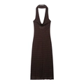 Braunes Neckholder-Midikleid mit Punkten, rückenfreies Design und leichtem Chiffon-Stoff - XS / Kaffeebraun