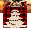 Christmas table runner with red black plaid pattern and beige linen tree design - 33X160cm