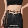 Bohemian braided waist chain with brown beads and bronze floral buckle on model - Woven Rope Bronze Blue Flower Pendant (X519)