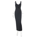 Sexy schwarzes figurbetontes Maxikleid mit Spitzenbesatz am V-Ausschnitt für Damen - XS / Schwarz