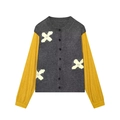 Cardigan in maglia a contrasto grigio e giallo con toppe a X in velluto e strass - S / Giallo