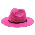 Detail view of woven texture and black faux leather buckle on magenta fedora hat - M (56-58cm) / Rose Red