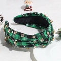 Detail of green plaid headband with rhinestones and snowflake patterns for Christmas - Black and Green with Rhinestones