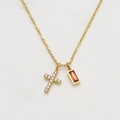 Collana dorata con croce in zircone bianco e ciondolo rettangolare in pietra rosso rubino - Gennaio Rosso Granato / Stile Croce