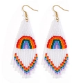 Bohemian handmade beaded tassel earrings with rainbow pattern on white background - Rainbow White Tassel (MG-E220012A)