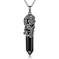 Natural obsidian hexagonal prism necklace with vintage flower engraved silver pendant - Black Crystal