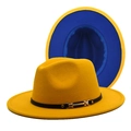 Detail of two-tone wool fedora with yellow exterior and blue brim interior - Yellow and Royal Blue