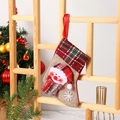 Christmas burlap stocking with snowman doll and red green plaid detail for tree decor - Small Linen Snowman Sock