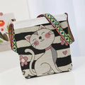 Crossbody canvas bag with cat embroidery and ethnic style woven colorful strap - Black Cat Pattern