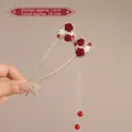 U-shaped hair pin with red velvet roses, pearls and long tassels in gold finish - Bowknot Four-Flower Hair Stick - Gold