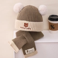 Knitted khaki winter hat and scarf set with cute bear embroidery and pom-poms - Children 3-8 Years Stretch / Gray