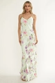Eng anliegendes hellgrünes Maxi-Blumenkleid mit Rüschen und feinen Spaghettiträgern - S / Hellgrün Floral