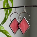 Retro geometric rhombus rose red enamel earrings with a vintage silver metal frame - Watermelon red