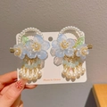 Girls Chinese style blue flower hair clips with elegant long tassels and pearls - Yanjun Pair Set
