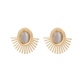 Detail of vintage gold sunburst earrings with oval grey opal stones in center - E1479 Grey Cat Eye Sunburst Studs / Gold/Gray