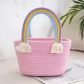 Pink hand-woven cotton rope tote bag with rainbow handles and cream tassel charms - Pink