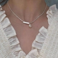 S925 sterling silver necklace with rectangular engraved bar and baroque pearl charm - A342 Rectangular Bar Irregular Pearl - Silver