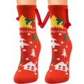 Calze natalizie in pile corallo rosso con mani magnetiche e motivi festivi di alberi - Pattern 17 (Red House Xmas Hand Holding)